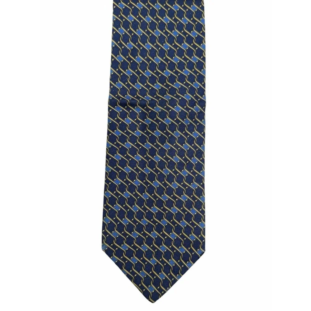 Gianni Versace Navy Gold Medusa Silk Tie Geometric Chain Pattern Italy Necktie